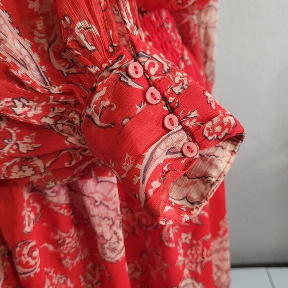 Zara XS dress elastic waist lining sheer longsleeve button elastic waist red - Picture 8 of 12